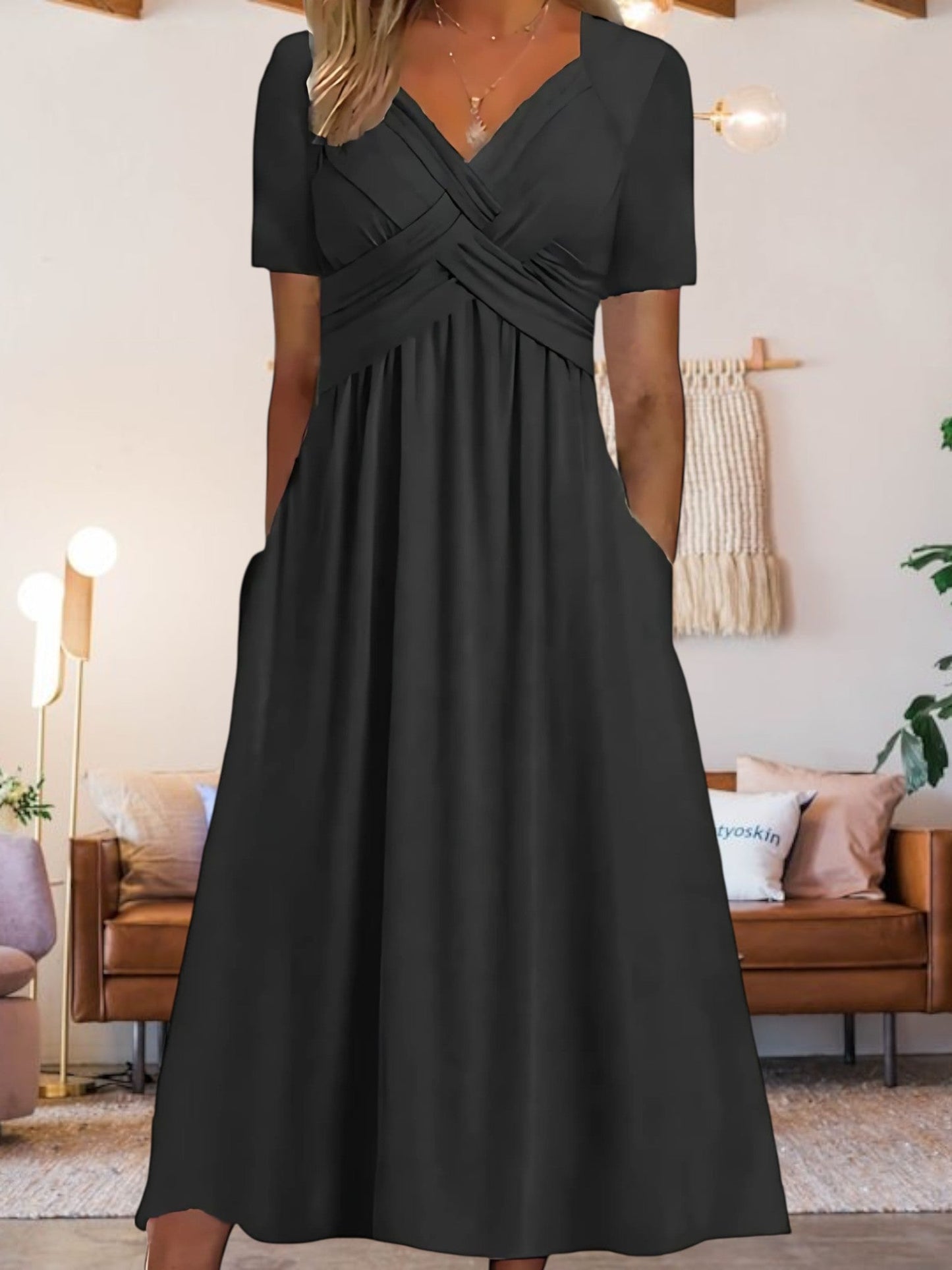 CD | Femei V-neck A-line rochie midi cu mâneci scurte