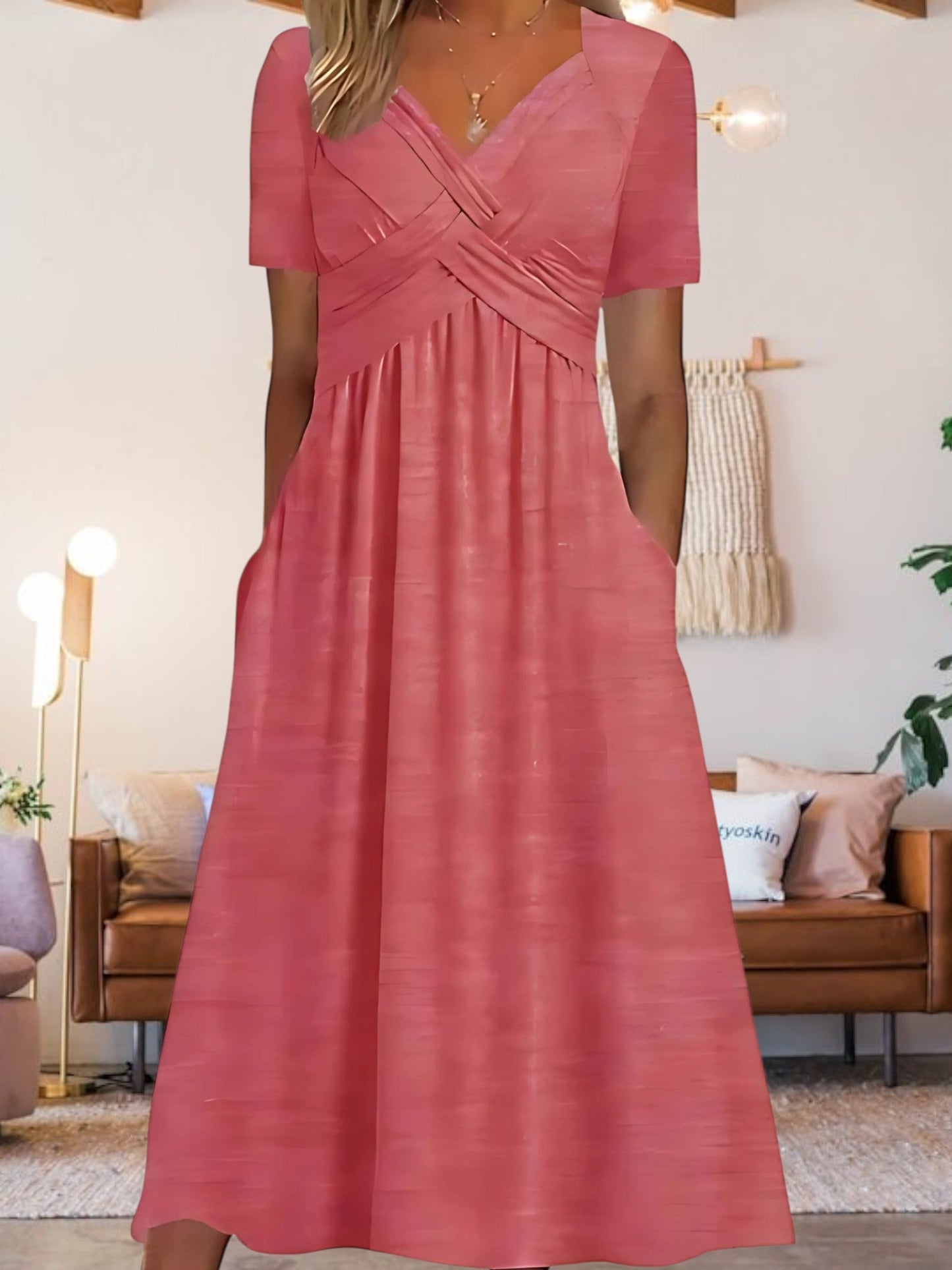 CD | Femei V-neck A-line rochie midi cu mâneci scurte
