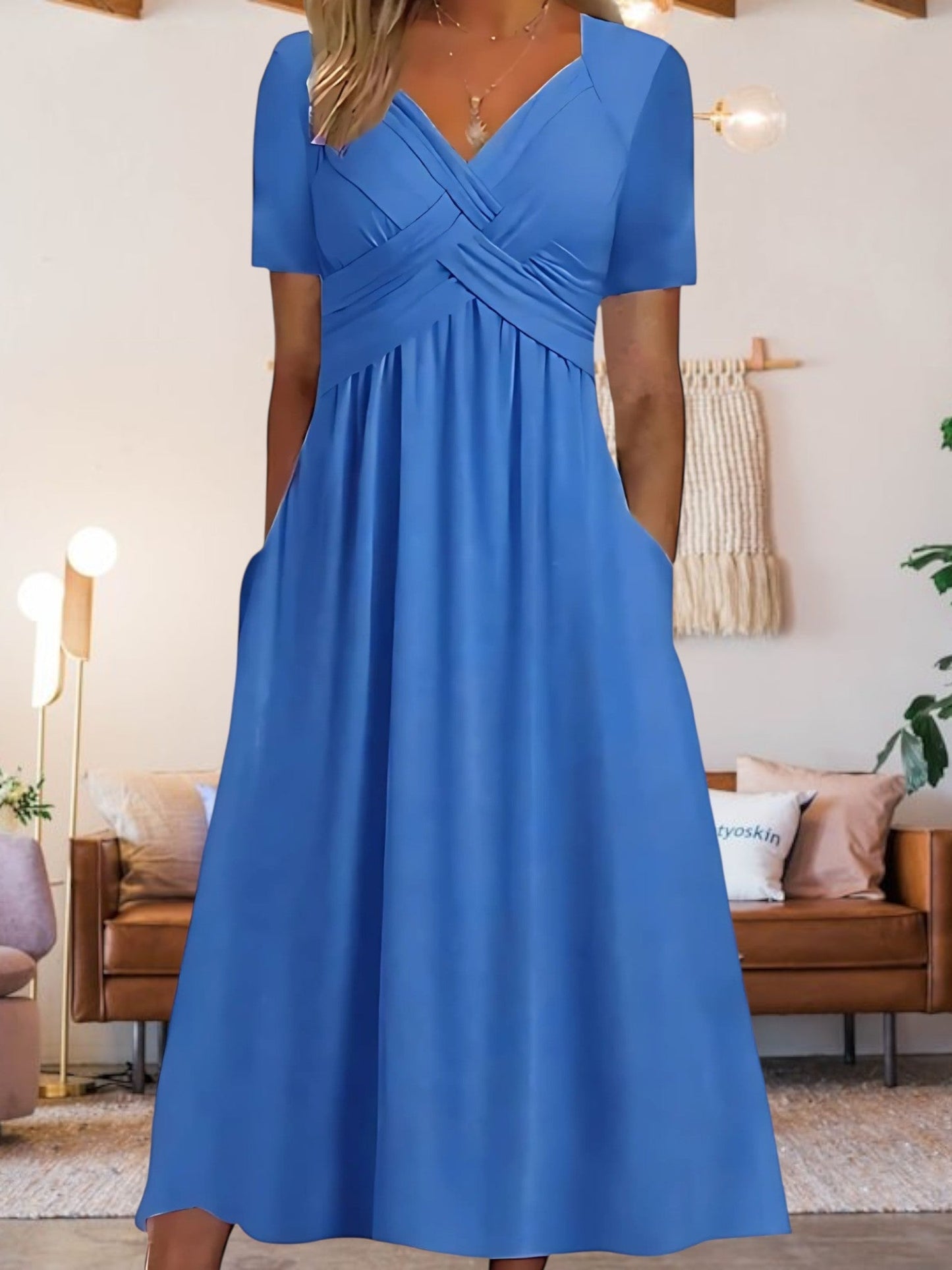 CD | Femei V-neck A-line rochie midi cu mâneci scurte