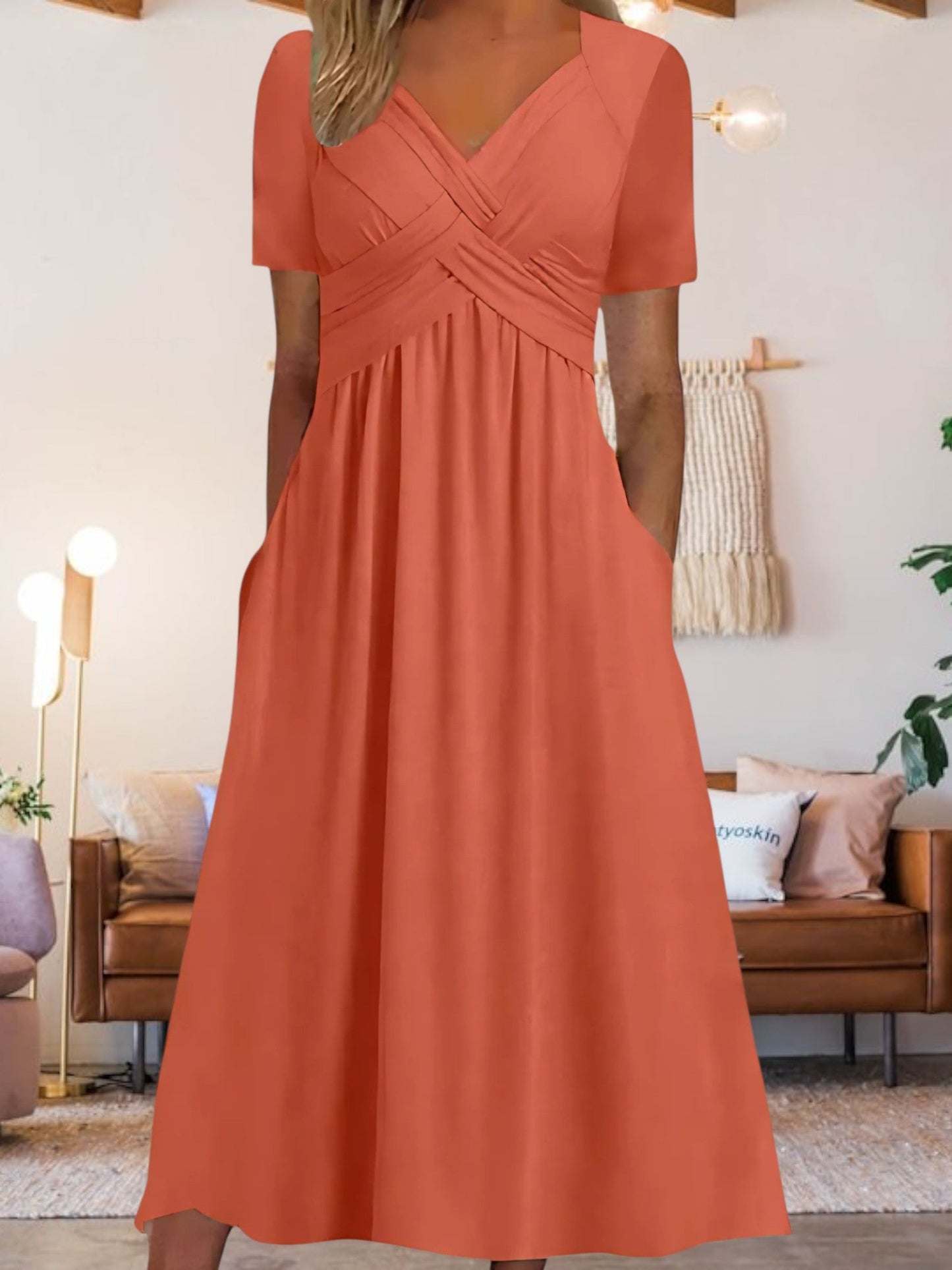 CD | Femei V-neck A-line rochie midi cu mâneci scurte