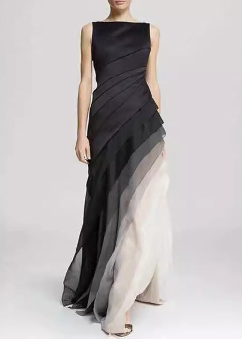 CD | franceză negru talie înaltă Patchwork Tulle Maxi rochii de vară