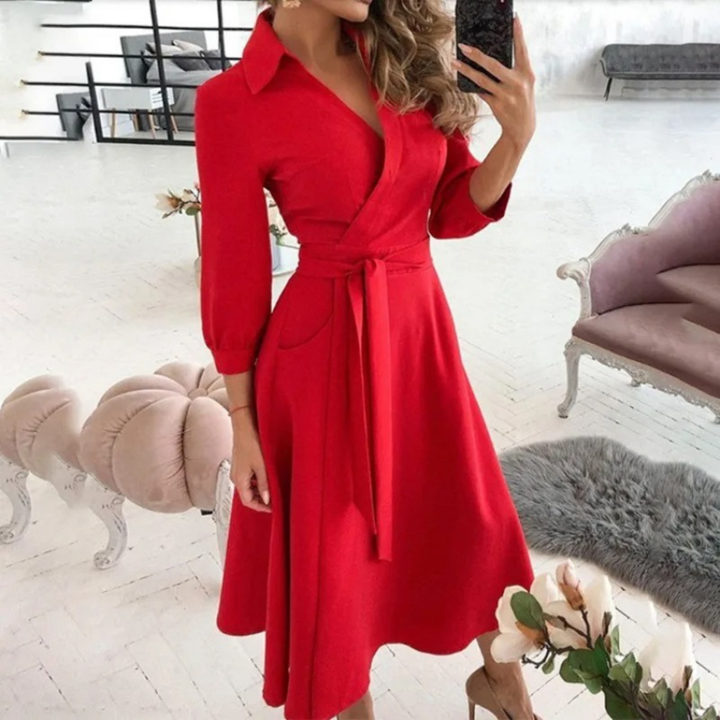 CD | Rochie midi Wrap cu curea - confort elegant, pe tot parcursul anului, cu o potrivire croită și un stil atemporal