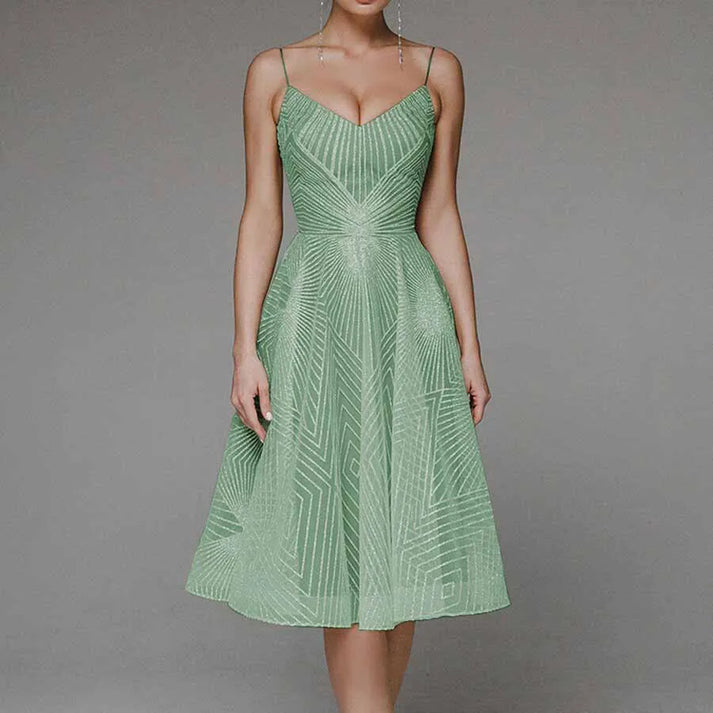 CD | Rochie midi pentru femei - A-line - Bretele spaghete - Design geometric cu decolteu în V