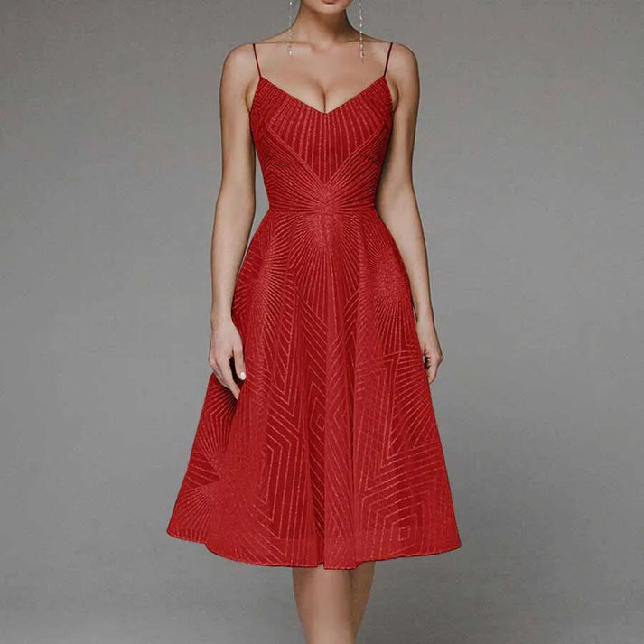 CD | Rochie midi pentru femei - A-line - Bretele spaghete - Design geometric cu decolteu în V