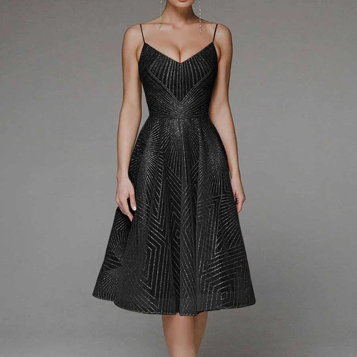 CD | Rochie midi pentru femei - A-line - Bretele spaghete - Design geometric cu decolteu în V