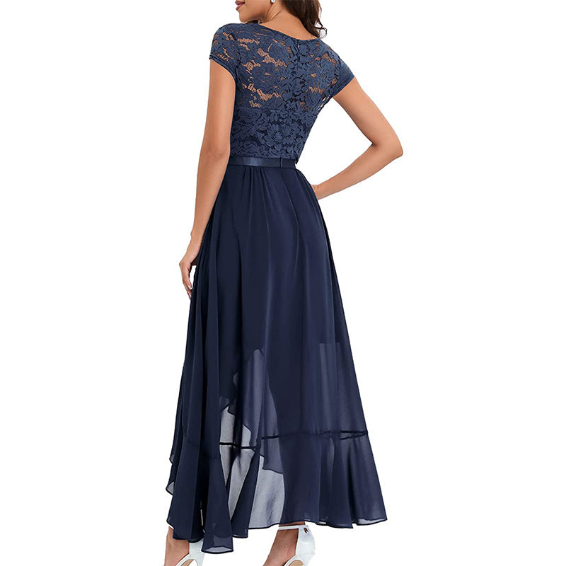 CD | Ladies V-Neck Short Sleeve Formal Dress with Lace Bodice