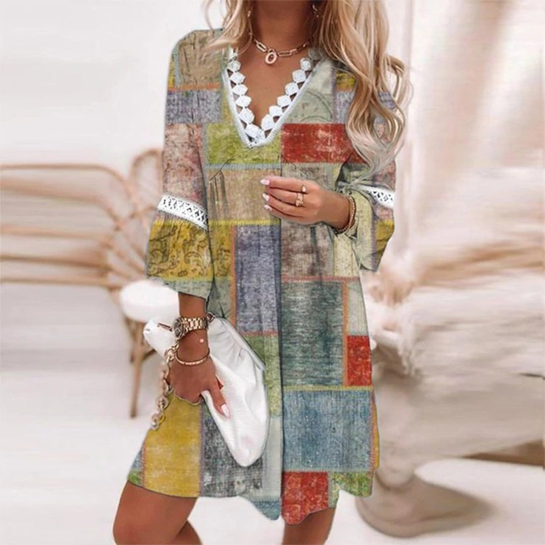 CD | Rochie midi pentru femei - Ținută relaxată - Decolteu în V cu dantelă - Fibre naturale - Stil boho