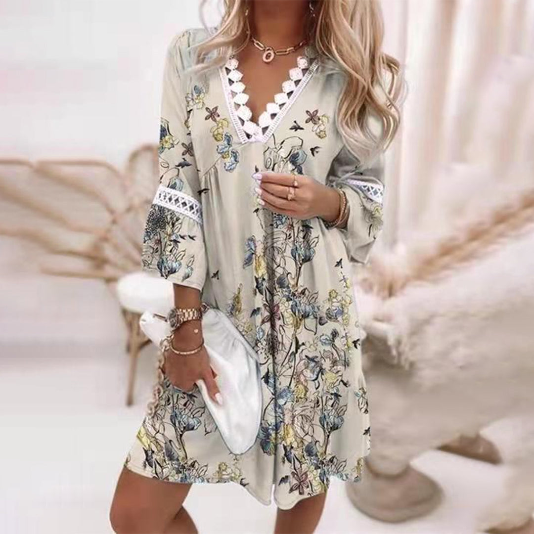 CD | Rochie midi pentru femei - Ținută relaxată - Decolteu în V cu dantelă - Fibre naturale - Stil boho