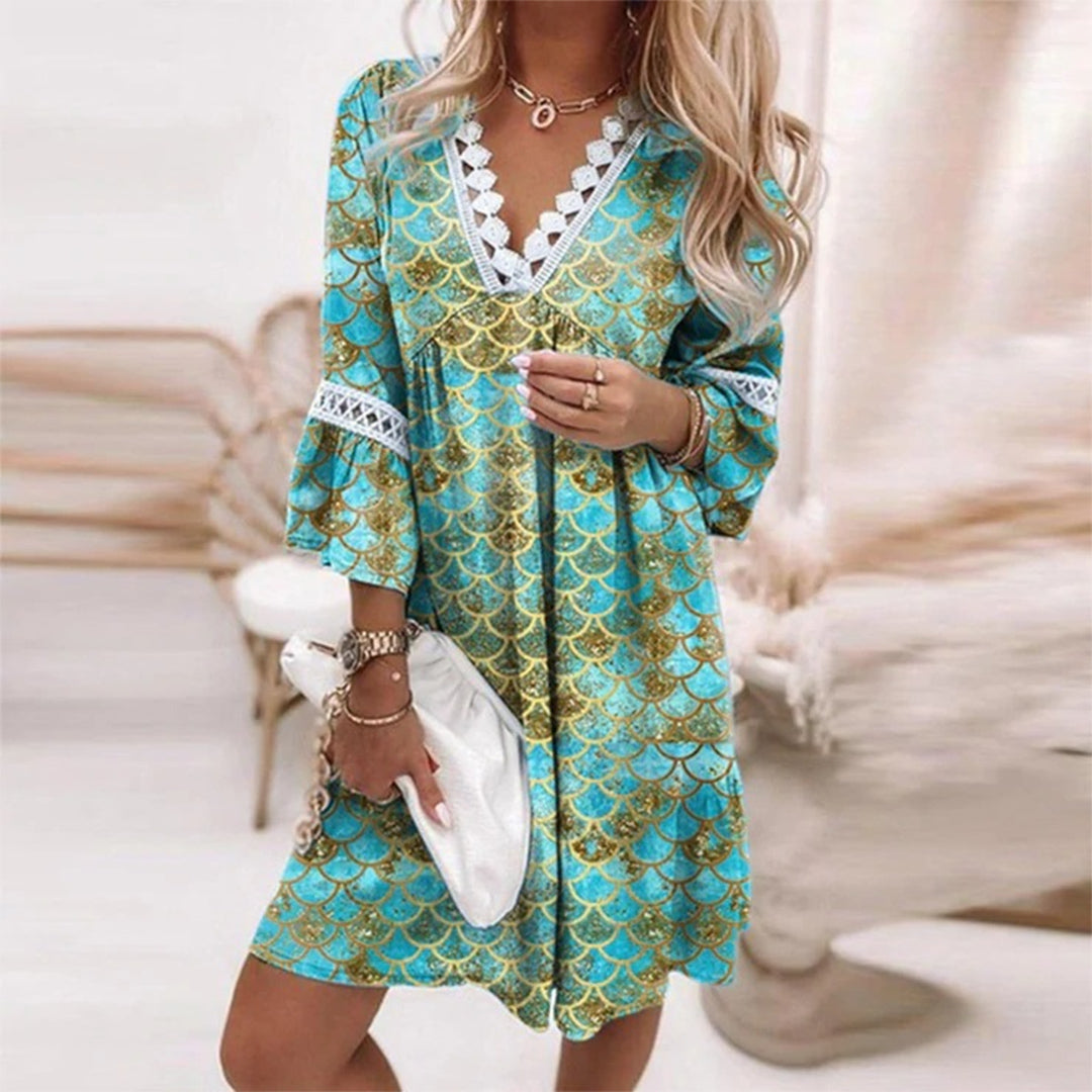 CD | Rochie midi pentru femei - Ținută relaxată - Decolteu în V cu dantelă - Fibre naturale - Stil boho