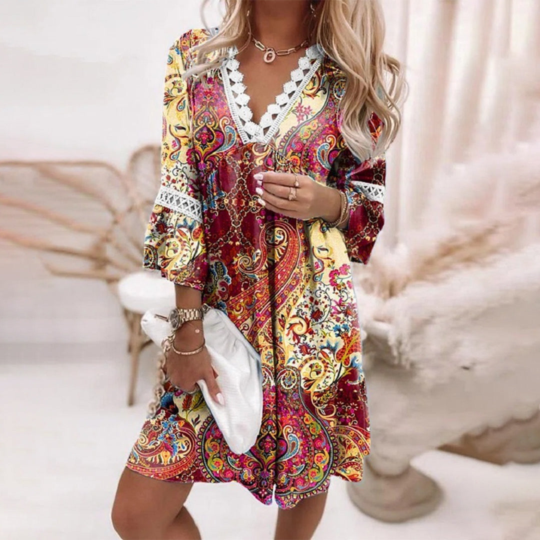 CD | Rochie midi pentru femei - Ținută relaxată - Decolteu în V cu dantelă - Fibre naturale - Stil boho