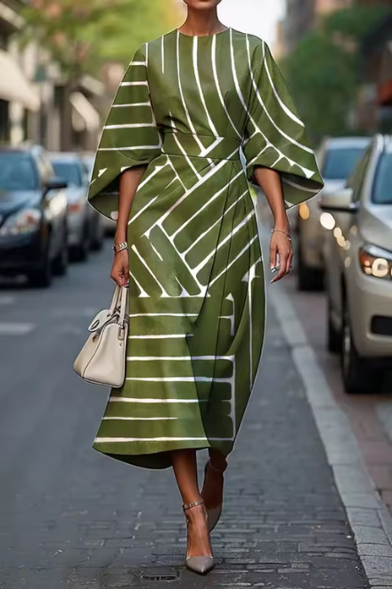 CD | Rochie midi pentru femei - A-line fit - Satin finish - Imprimeu geometric - Mâneci la cot