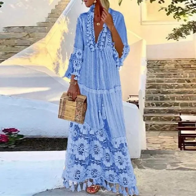 CD | Rochie boho lungă cu dantelă și pompoane