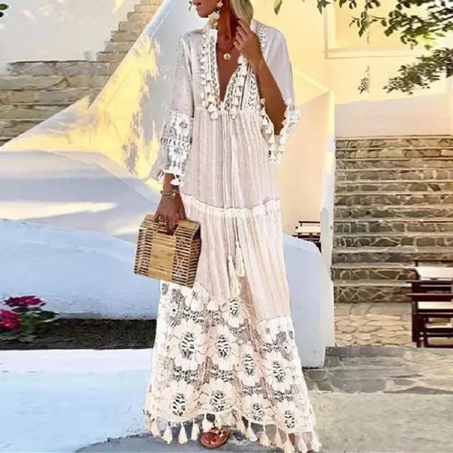 CD | Rochie boho lungă cu dantelă și pompoane