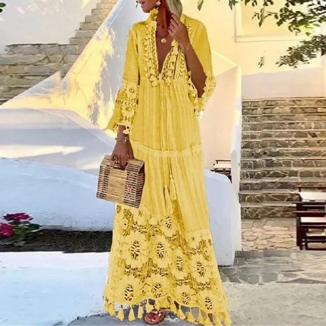 CD | Rochie boho lungă cu dantelă și pompoane