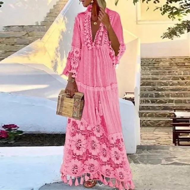 CD | Rochie boho lungă cu dantelă și pompoane