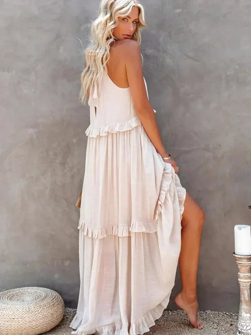 CD | Rochie maxi pentru femei - Gât halter - Straturi încrețite - Croială fluidă - Bumbac ușor