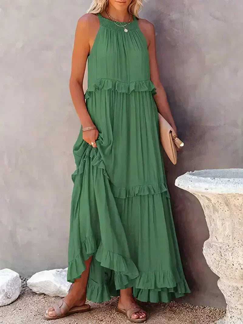 CD | Rochie maxi pentru femei - Gât halter - Straturi încrețite - Croială fluidă - Bumbac ușor