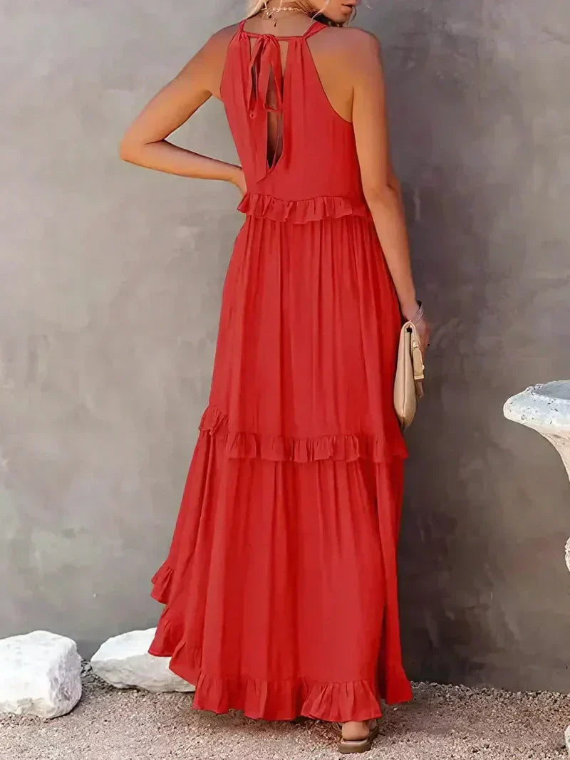 CD | Rochie maxi pentru femei - Gât halter - Straturi încrețite - Croială fluidă - Bumbac ușor