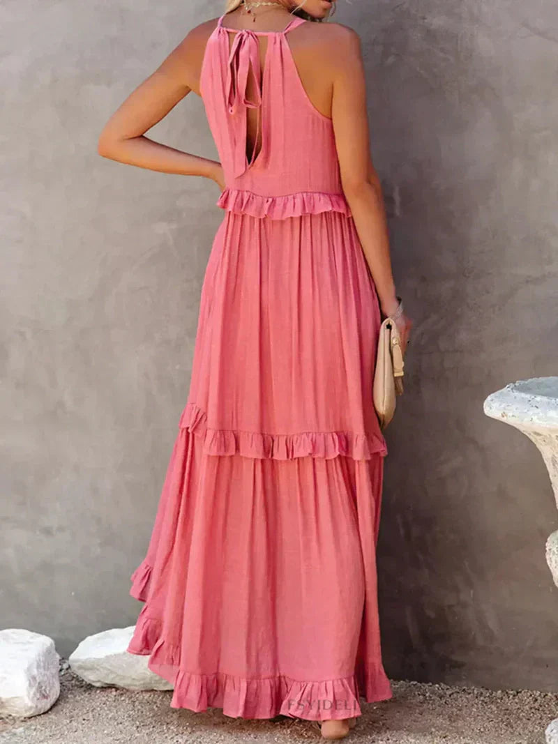 CD | Rochie maxi pentru femei - Gât halter - Straturi încrețite - Croială fluidă - Bumbac ușor