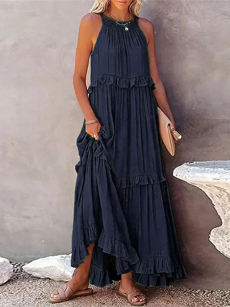 CD | Rochie maxi pentru femei - Gât halter - Straturi încrețite - Croială fluidă - Bumbac ușor