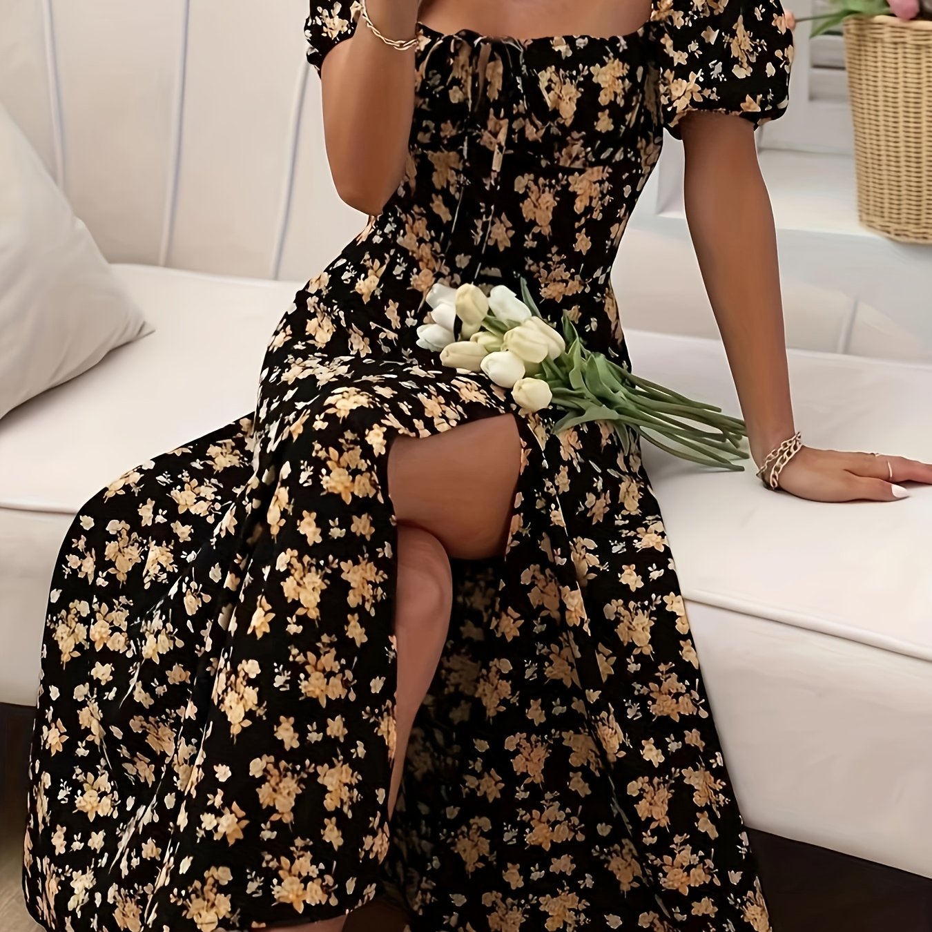 CD | Rochii midi pentru femei | Rochie midi cu mânecă lungă | Rochie midi cu flori