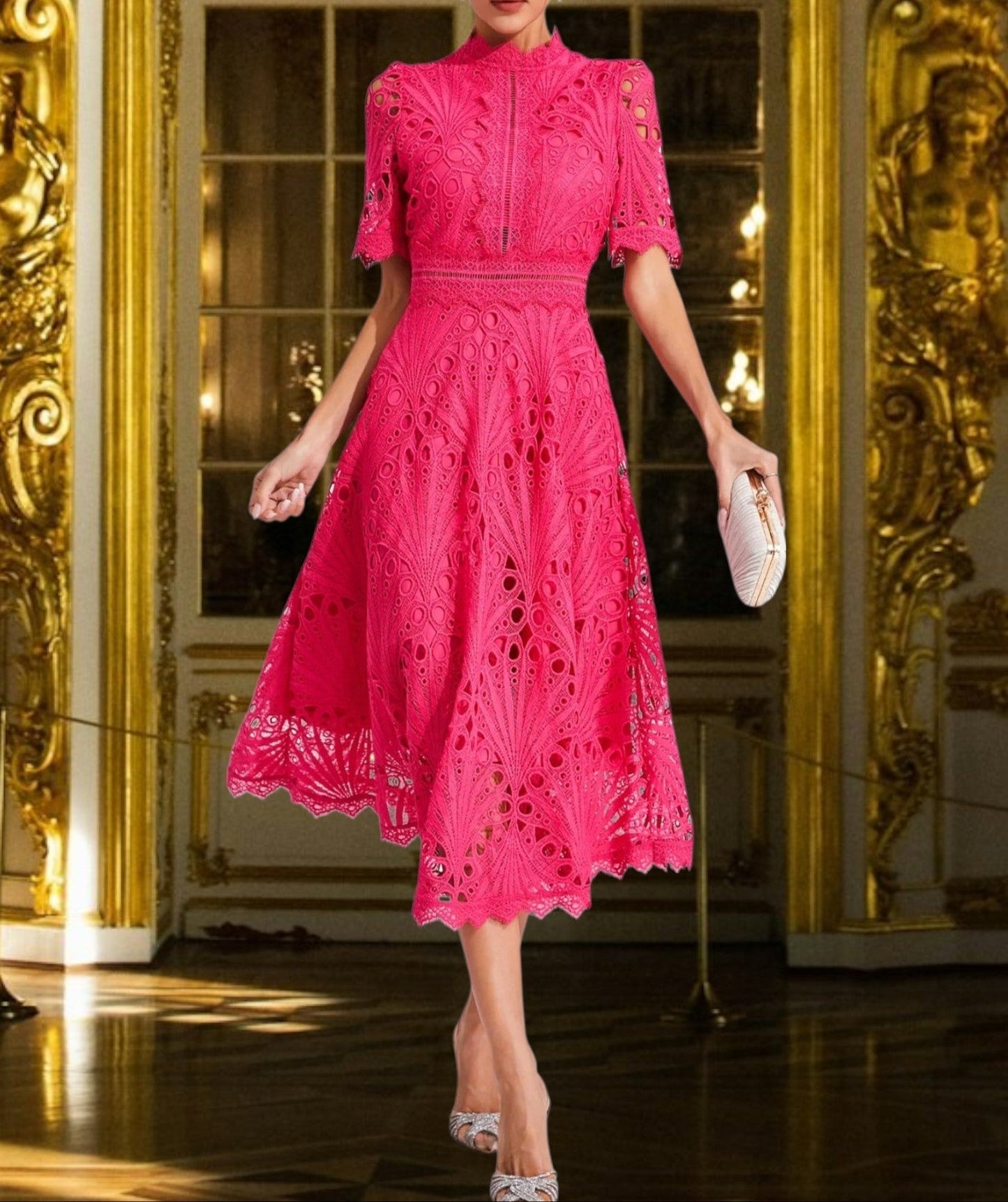 CD | Rochie midi din dantelă cu decolteu rotund flatant