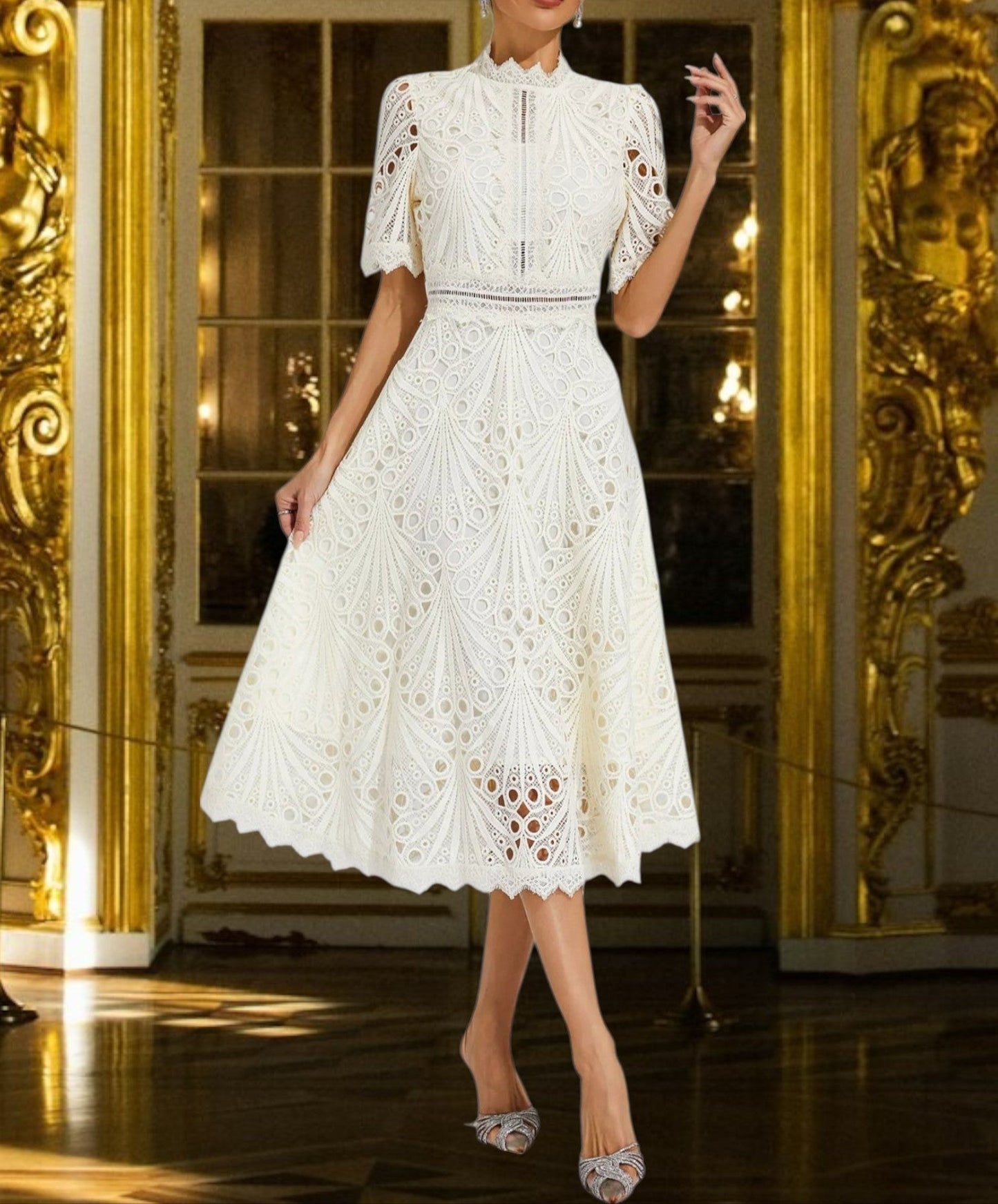 CD | Rochie midi din dantelă cu decolteu rotund flatant