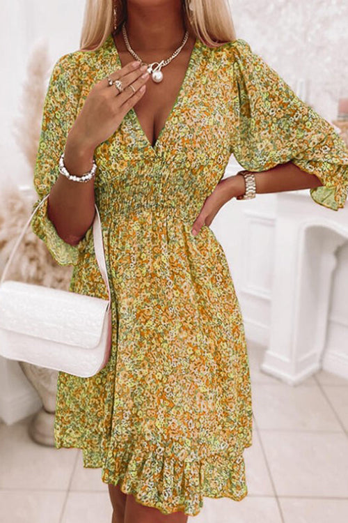 CD | Floral V-neck Elasticated talie rochie mini