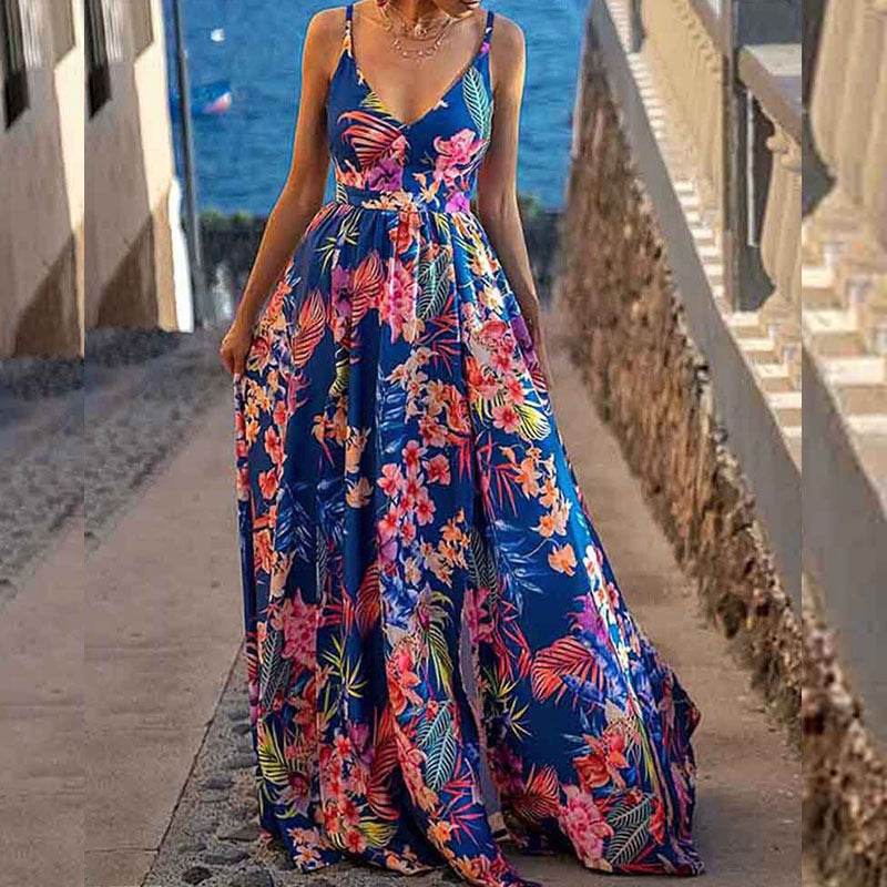 CD | Rochie maxi pentru femei - A-line - bretele spaghetti - decolteu adânc - design imprimat
