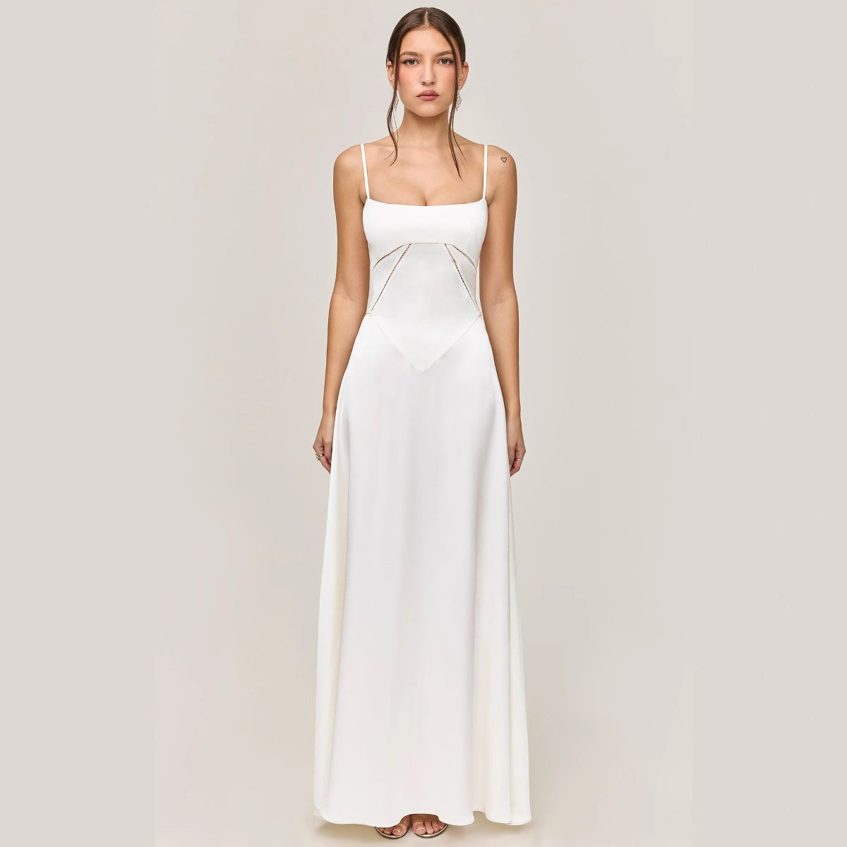 CD | Rochie midi pentru femei - slim fit - aspect satin - inserție dantelă - A-line - bretele spaghetti