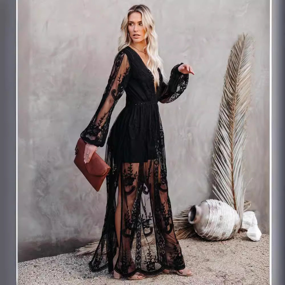 CD | Rochie lungă pentru femei - șifon dantelă - V-neck - mâneci transparente - fantă mare - uzură formală