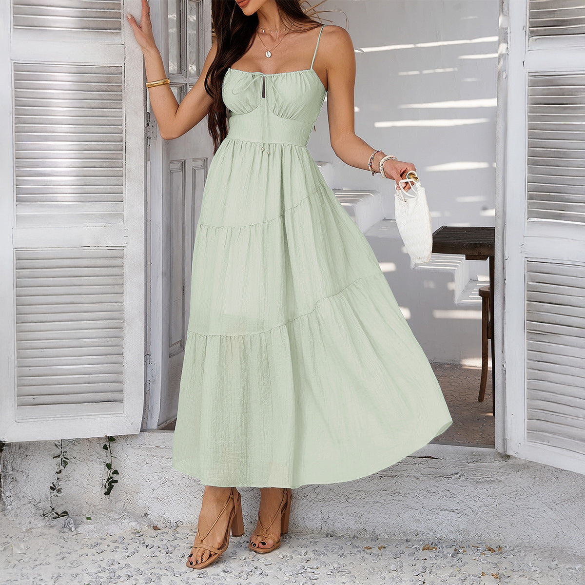 CD | Rochie maxi pentru femei - Amestec ușor de bumbac - Bretele spaghete - Fustă cu cravată - Ținută elegantă