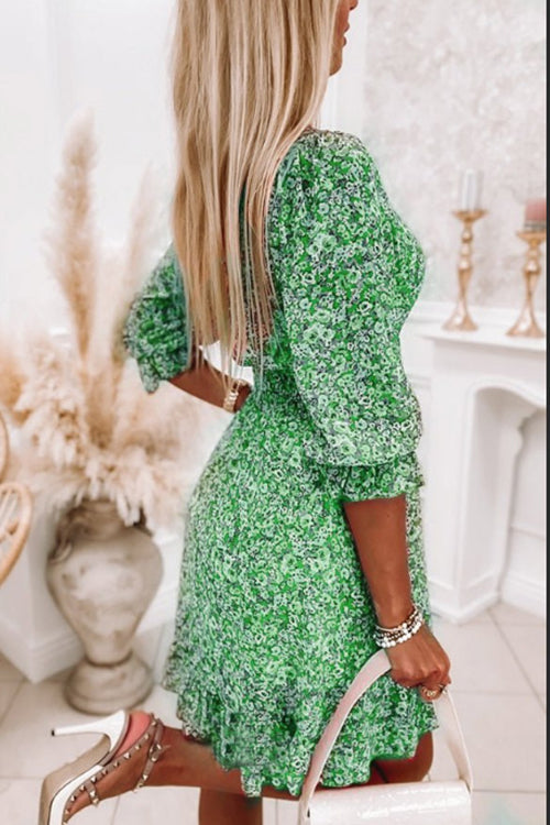 CD | Floral V-neck Elasticated talie rochie mini