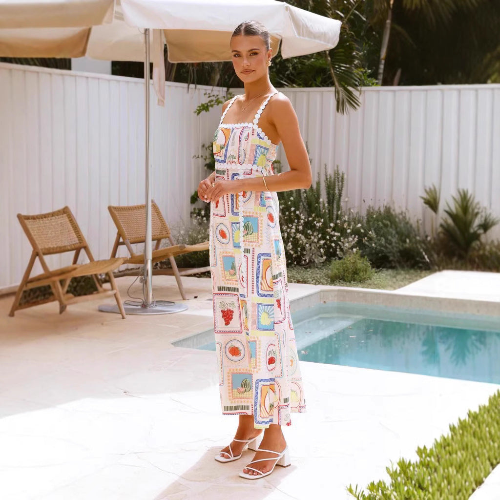 CD | Rochie maxi pentru femei - Imprimeu geometric - Dantelă - Fără mâneci, croială fluidă