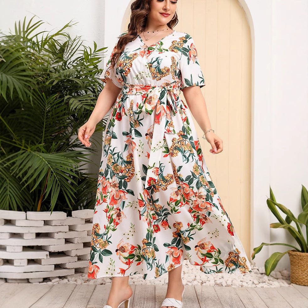 CD | Rochie midi pentru femei - A-line - decolteu în V - mâneci scurte - imprimeu floral - curea în talie