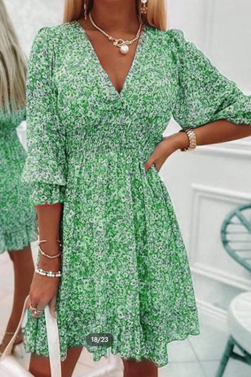 CD | Floral V-neck Elasticated talie rochie mini