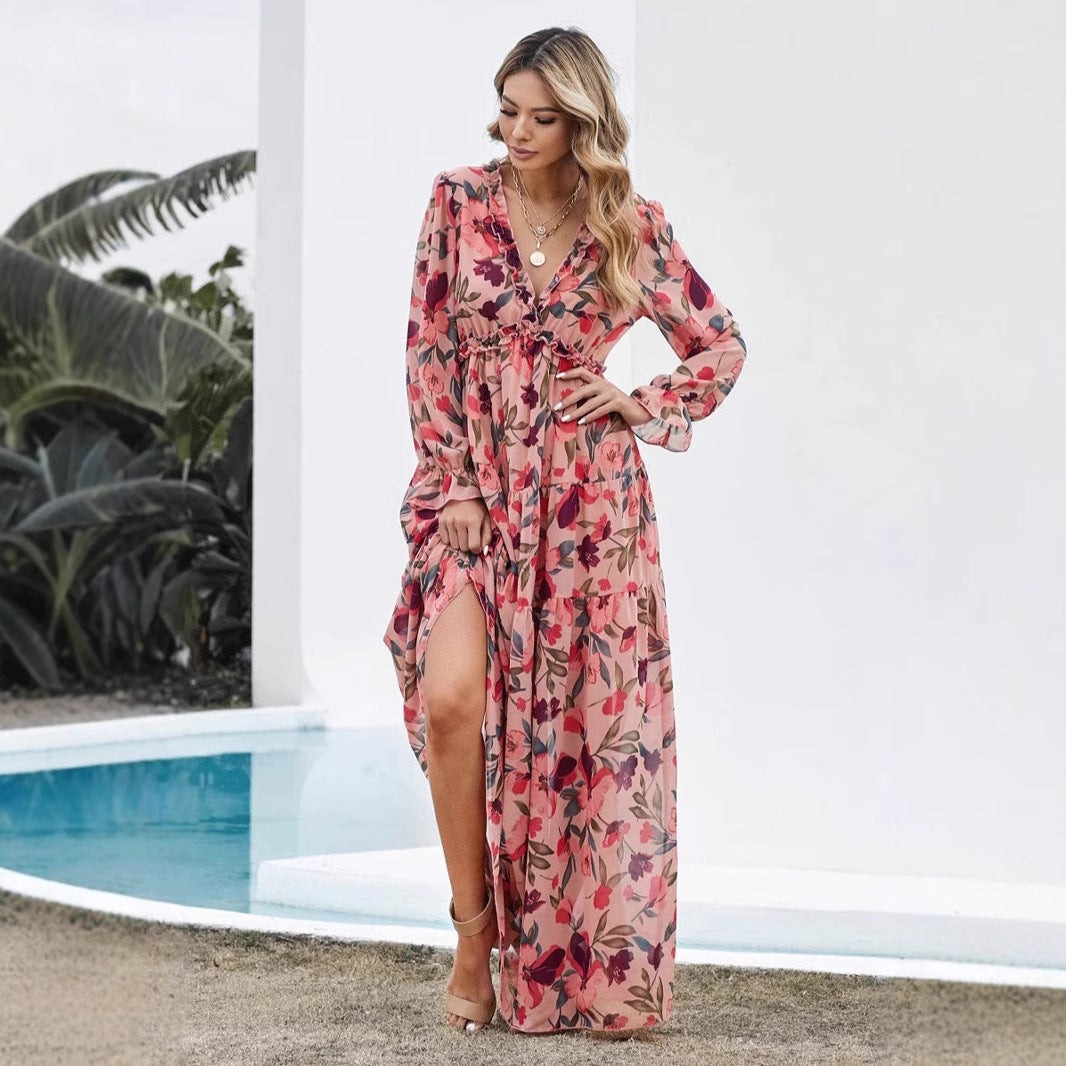 CD | Rochie maxi pentru femei - Chiffon - Croială boemă - Decolteu în V - Mâneci lungi - Imprimeu floral