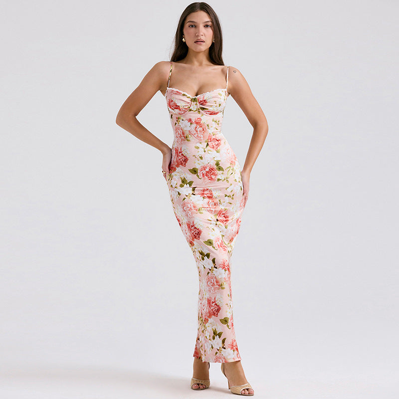CD | Ladies Rochie lungă - Slim Fit Satin - Spaghetti Straps - Model floral - Top structurat