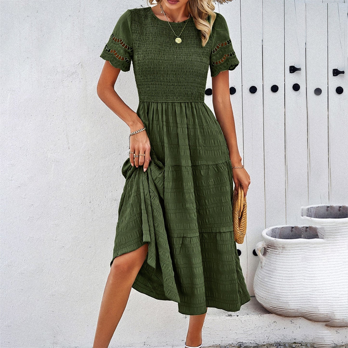 CD | Rochie midi pentru femei - Corset smocked - Fustă evazată - Mâneci cropped - Amestec de bumbac