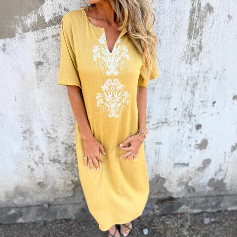 CD | Rochie midi pentru femei - Croială relaxată - Broderie pe față - Fibre naturale - Mâneci scurte