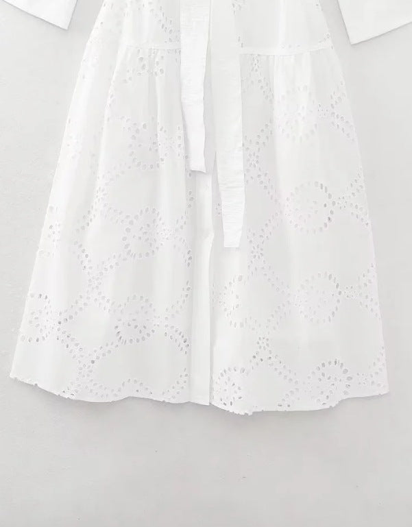 CD | Rochie midi de damă - Broderie Anglaise - Ținută relaxată - Curea în talie - Buton