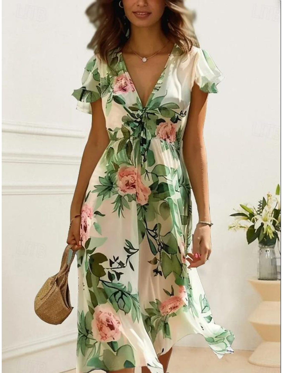 CD | Rochie midi pentru femei - Șifon ușor - Decolteu în V - Mâneci încrețite - Imprimeu floral