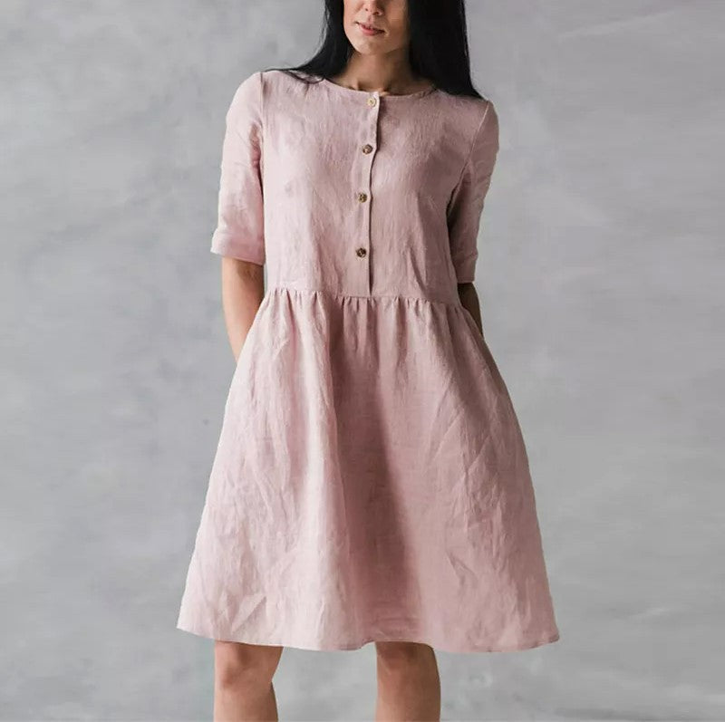 CD | Rochie midi pentru femei - Amestec de bumbac și lenjerie - Ținută relaxată - Mâneci scurte - Buton cu buzunare