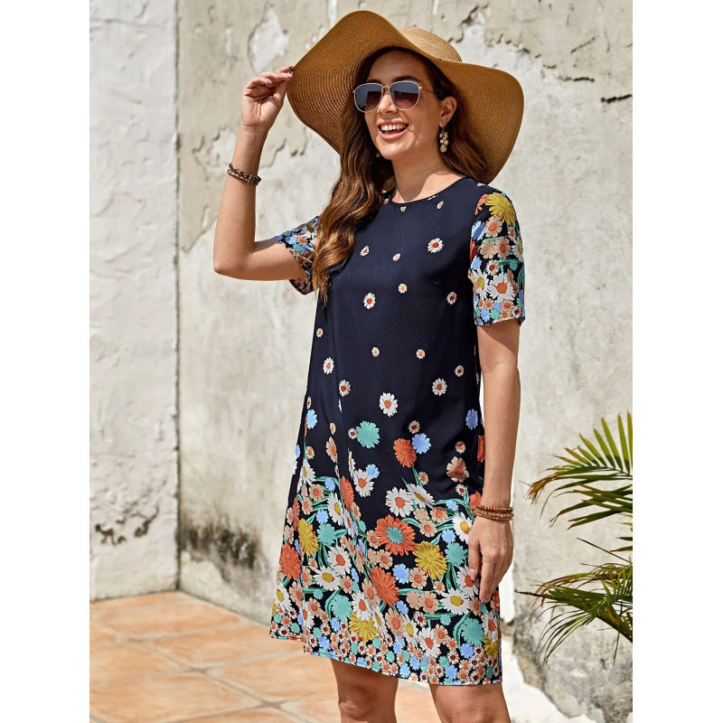 CD | Rochie midi pentru femei - imprimeu floral - croială lejeră - mâneci scurte