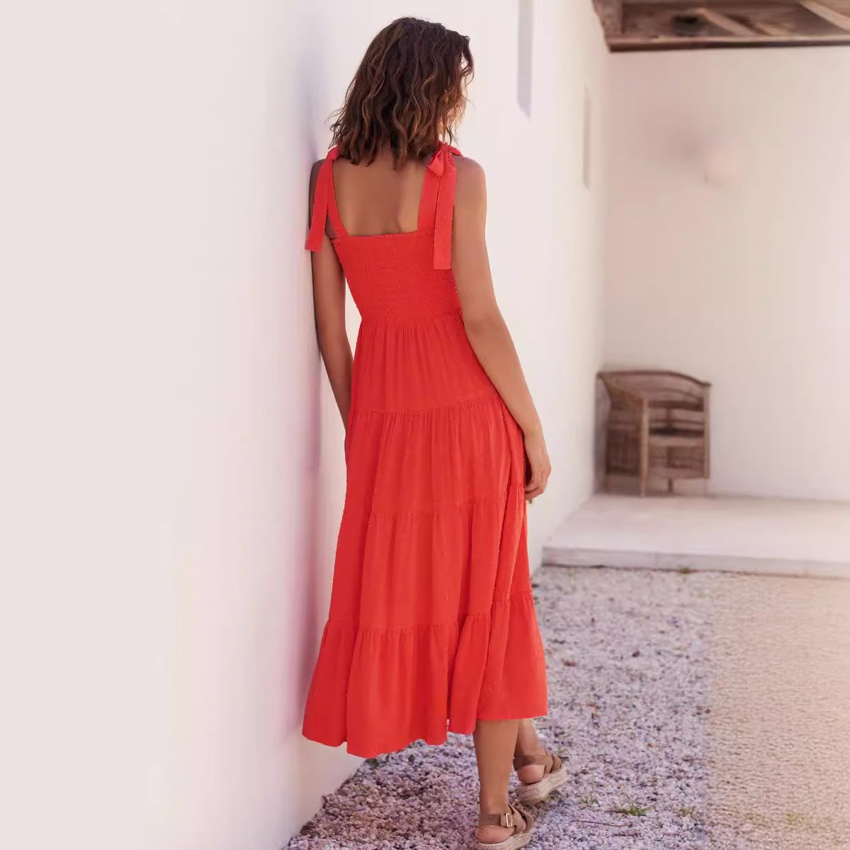 CD | Rochie midi pentru femei - corset smocked - bretele reglabile - fustă A-line cu cravată