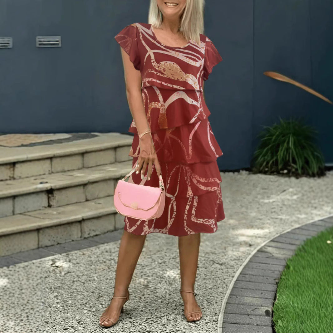 CD | Rochie midi pentru femei - model floral - cu volane - croială lejeră - material ușor
