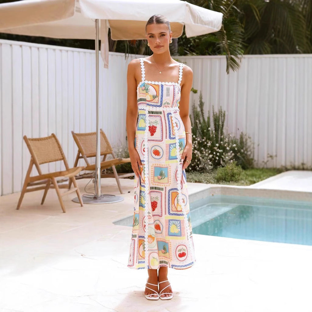 CD | Rochie maxi pentru femei - Imprimeu geometric - Dantelă - Fără mâneci, croială fluidă
