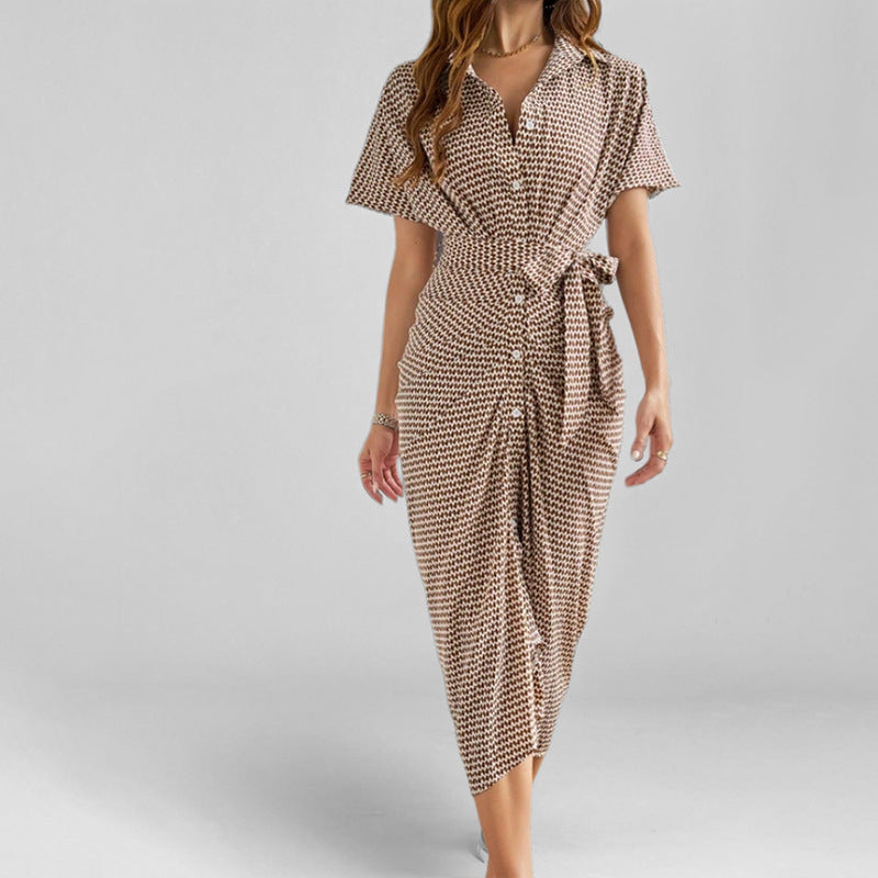 CD | Rochie midi pentru femei - Slim fit - Decolteu în V - Mâneci scurte - Fermoar cu nasturi - Talie