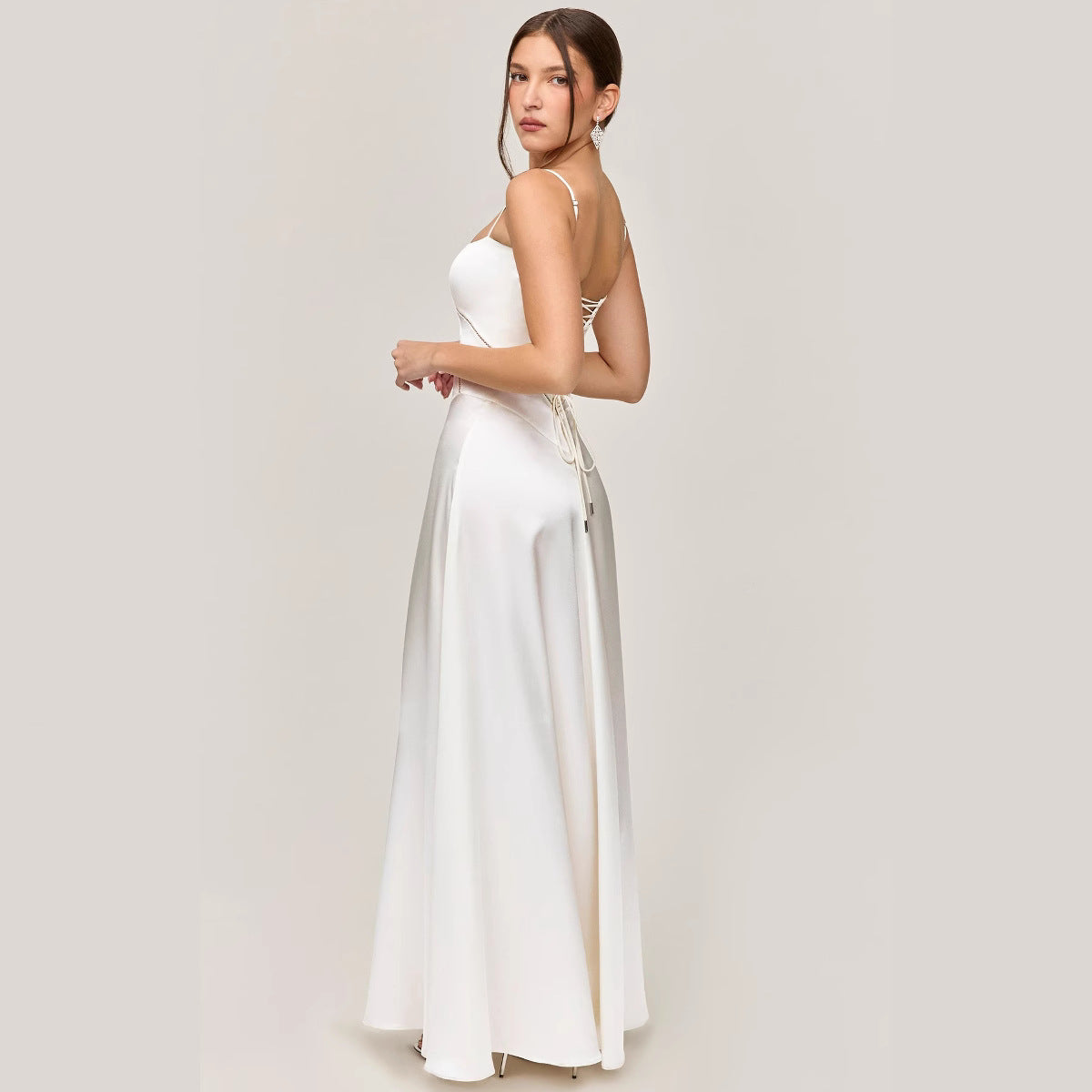 CD | Rochie midi pentru femei - slim fit - aspect satin - inserție dantelă - A-line - bretele spaghetti