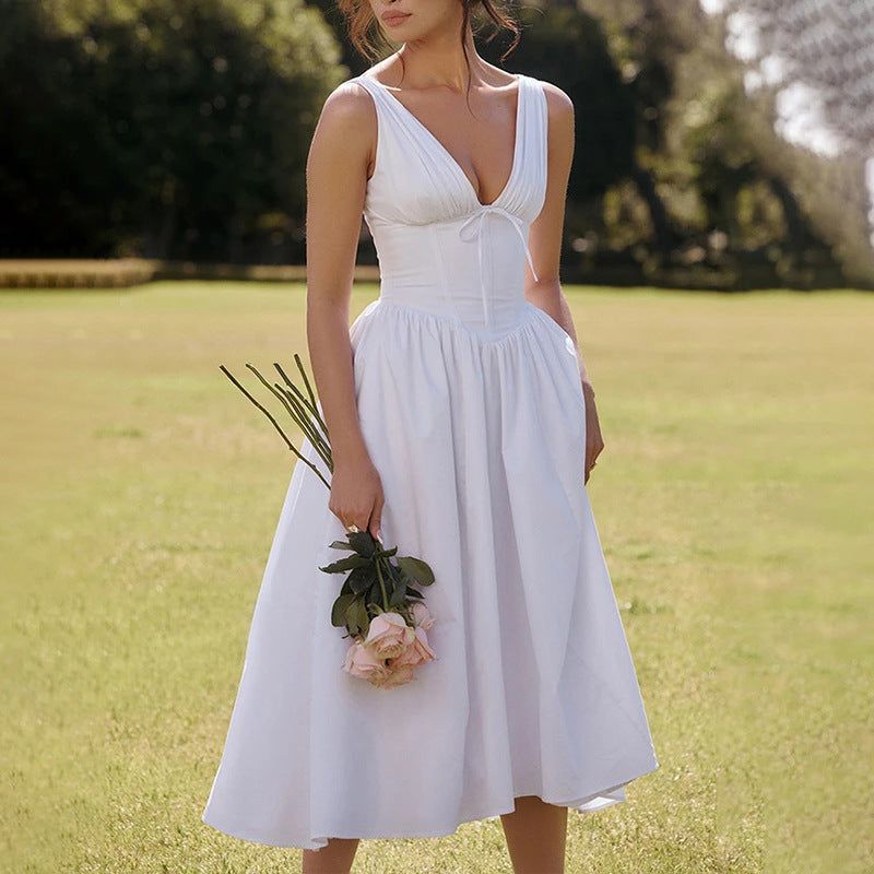 CD | Rochie midi pentru femei - Decolteu în V - A-line - Bretele spaghetti - Model floral - Ușor